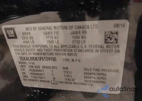 2015 GMC Terrain Sle-1 из США, поврежденный, VIN 2GKALMEK1F6124196